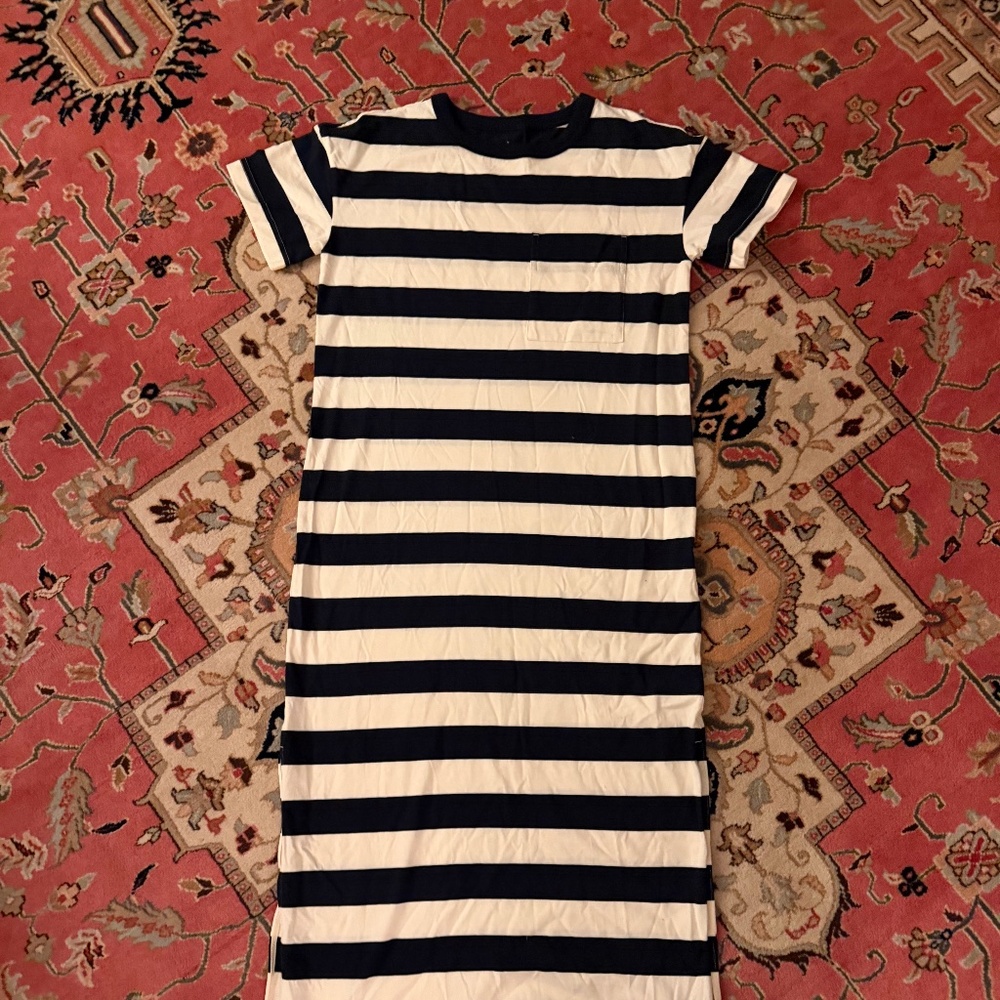 Everlane Organic Cotton Weekend Tee Dress in Navy & White Stripes with Pocket